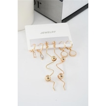 Kadın 6.5 Cm Zigzag Sallantılı Ve Oval Sedefli 6'lı Küpe Seti - Altın