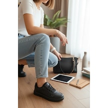 Enoch Unisex Siyah Suni Deri Spor Ayakkabı Beyaz Düz Tabanlı Ve Perfore Detaylı Günlük Casual Sneaker Siyah