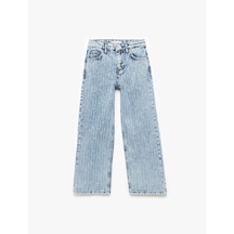 Koton Pamuklu Cep Detaylı Çizgili Geniş Paça Simli Denim Pantolon Lıght Indıgo 5skg40127ad Açık Mavi