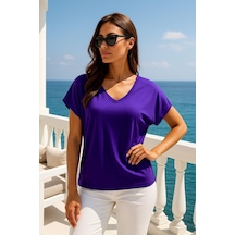 Kadın Mor Viskon Ön Arka V Yakalı T-shirt Yarasa Kol Relaxed Bluz Çok Renkli