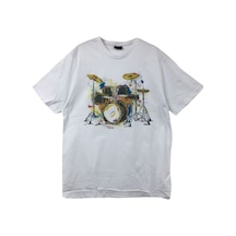 Stoned&Fame Unisex Beyaz Bateri Baskılı T-shirt Beyaz
