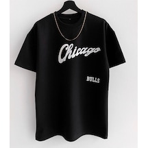 Flood Of Style Erkek Siyah Bulls Baskılı Oversize Bisiklet Yaka T-shirt