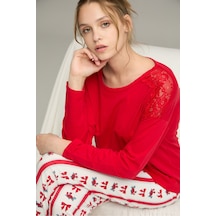Siyah İnci Dantel Detaylı Örme Pamuklu Pijama Takım25240263 Kırmızı