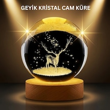 Hubrendy Tekno Led Işıklı Geyikli Kristal Küre Ahşap Standlı Modern Dekor Lamba