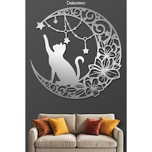Floral Hilal Ve Kedi Silüeti Dekoratif Metal Tablo - Metal Duvar Sanatı - Krom - 50 X 50 Cm