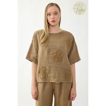 Vitrin %100 Keten Çiçek Motifli Kısa Kol Bluz VİZON