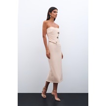 Sateen Düğme Aksesuarlı Straplez Elbise - Bej-135535 Bej