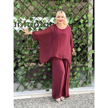 Bohem Stil İtalyan Yarasa Kol İpek Bluz & Pantolon Takım-8767 Bordo