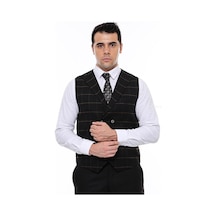 Wessi Kruvaze Yakalı Kareli Desenli Erkek Yelek - Siyah