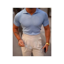 Cool Tarz Erkek Fitilli Polo Yaka Triko T-shirt Mavi Mavi