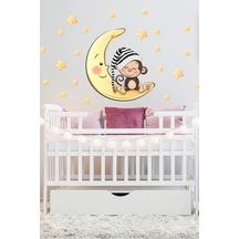 Sarı Ay Üzerinde Uyuyan Şapkalı Maymun Ve Yıldızlar Çocuk Odası Duvar Sticker