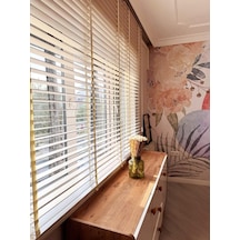 Beyaz Gerçek Ahşap Jaluzi 50mm Zincirli Redüktörlü Kurdelalı Ajs1001 Beyaz