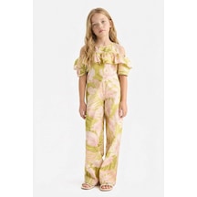 DeFacto Kız Çocuk Desenli Wide Leg Geniş Paça Pamuklu Pantolon D7610A825SMGN115 Yeşil