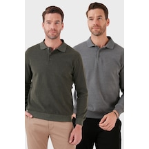 Buratti Pamuk Karışımlı Regular Fit 2'Li Paket Erkek Polo Yaka Kazak 456223S2 Haki-Koyu Gri