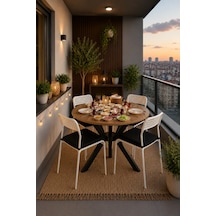 Çam 4 Kişilik Minderli Balkon Takımı, Balkon Masası, Balkon Sandalyesi, Yuvarlak Masa, Yemek Masası, Mutfak Masa Sandalye Takımı, 4 Sandalye 1 Masa Çam/siyah-beyaz