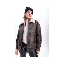 M M Marki Marki Kadın Hakiki Deri Ceket, İçi Kürklü, 58 Cm, Oversize, Sportif Eskitme Model - 119922 Kahverengi Eskitme