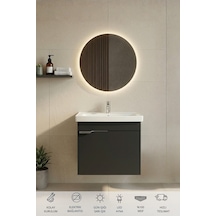 Kasırga Antrasit 50 Cm, Led Aynalı, Banyo Dolabı Seti, Seramik Lavabo Dahil, Mdf, Led'li