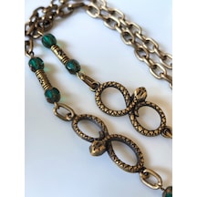 Gözlük Zinciri Unisex Antik Altın Rengi Zincirli Yeşil Kristal Taşlı Sonsuzluk Figürlü Antik Altın