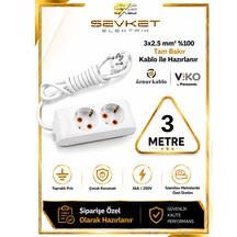 Viko 2'li Grup Priz 3 Metre Beyaz 3x2,5 Kalın Kablolu Uzatma Kablosu 3 M