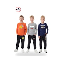 Panios Kids 3'lü Yuvarlak Yaka Sweatshirt Siyah Eşofmanlı Baskı Detaylı 6 Parça Erkek Çocuk Alt Üst Takım Turuncu - Lacivert
