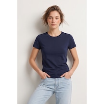 Elemge %95pamuk %5likra Vücuda Oturan Magic Fit Lacivert Kadın Stretch T-shirt Compact Penye Kısa Kol Esnek Basic Tişört Elastan