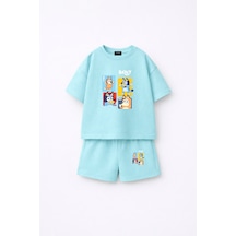 Fasardi Bluey Bingo Baskılı Oversize %100 Pamuk Tişört Şort Çocuk 2li Takım Bebek Mavi