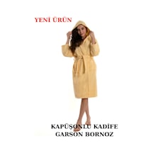 Pamuklu Kapüşonlu Genç Garson Boy Unisex Cepli Bukle Kadife Bornoz Sarı