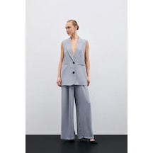 Sateen Yüksek Bel Bol Paça Pantolon - Gri-135632 Gri