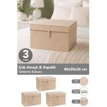 3'lü Mini Boy Hurç - Çok Amaçlı Organizer Kapaklı Saklama Kutusu 40x30x26cm Bej
