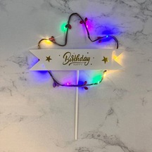 Lüks Pasta Üstü Çubuklu Happy Bırthday Cipsolu Işıklı 21 Cm