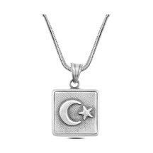 925 Ayar Gümüş Eskitme Ayyıldız İşlemeli Kare Cevşen Erkek Kolye Gümüş