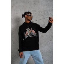 Erkek Oversize Kapüşonlu Sweatshirt Siyah Renk Üç İplik İçi Pamuklu Kanguru Cepli Baskılı Hoodie R Siyah