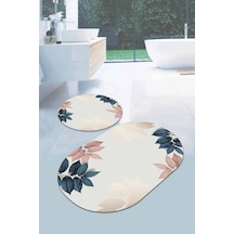 Krem Yapraklı Banyo Halısı Klozet Oval Paspas Seti Bs094n11