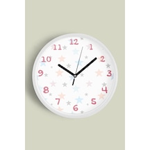 Renkli Yıldızlar Çocuk Odası Duvar Saati - 35cm - Önü Camlı Beyaz Kasa - Sessiz Mekanizma Beyaz