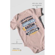 Morivokids Sen Alışmışsın Öğlene Yazılı Kısa Kollu Bebek Body %100 Pamuk Pastel Pembe