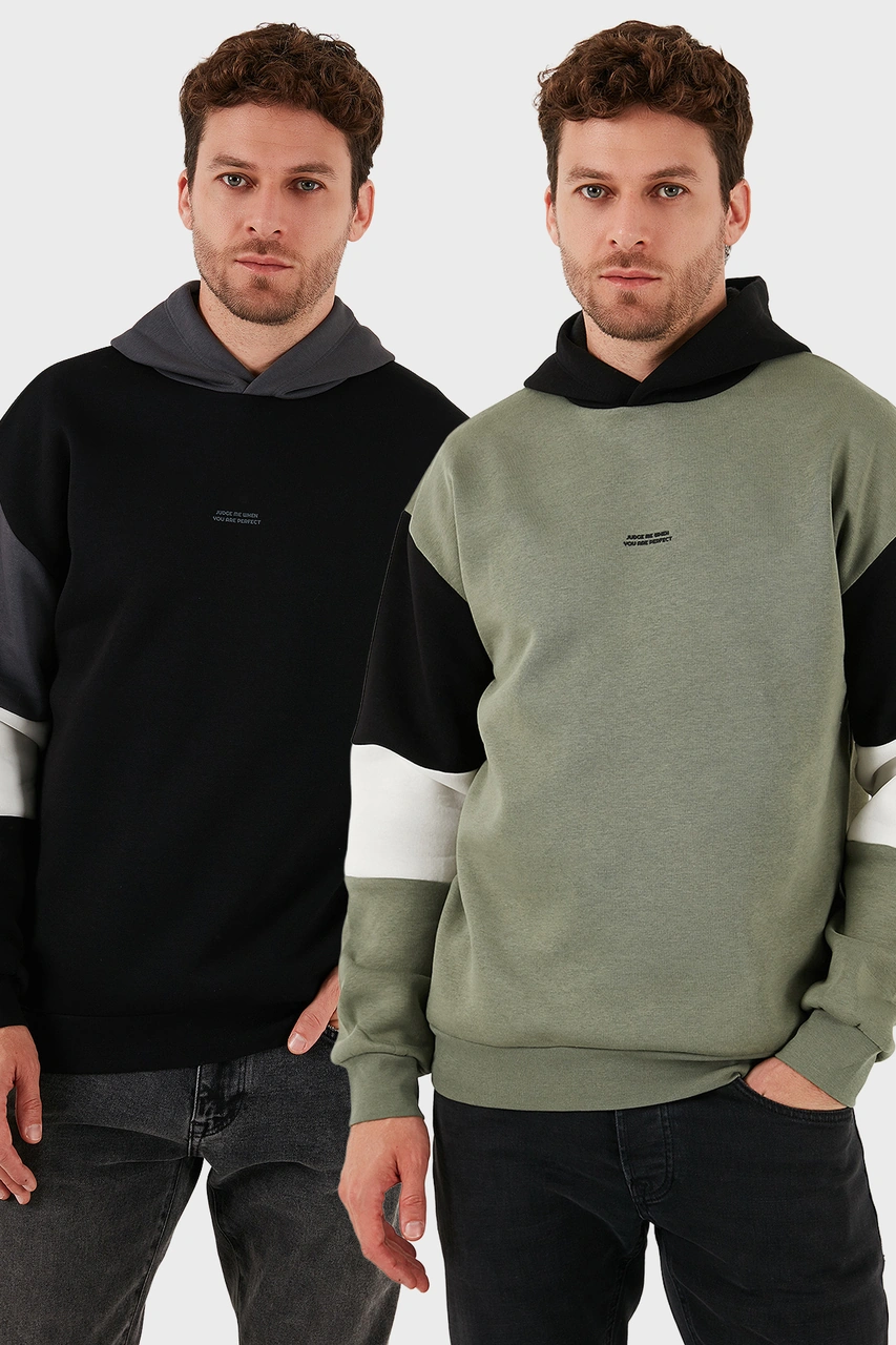 Buratti Pamuklu Relaxed Fit Kapüşonlu Içi Tüylü Yumuşak Şardonlu 2' Li Paket Erkek Sweat 5905299S2 Haki-Siyah