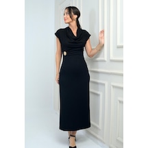 Kadın Degaje Yakalı Toka Detaylı Likralı Uzun Elbise-41755 Siyah