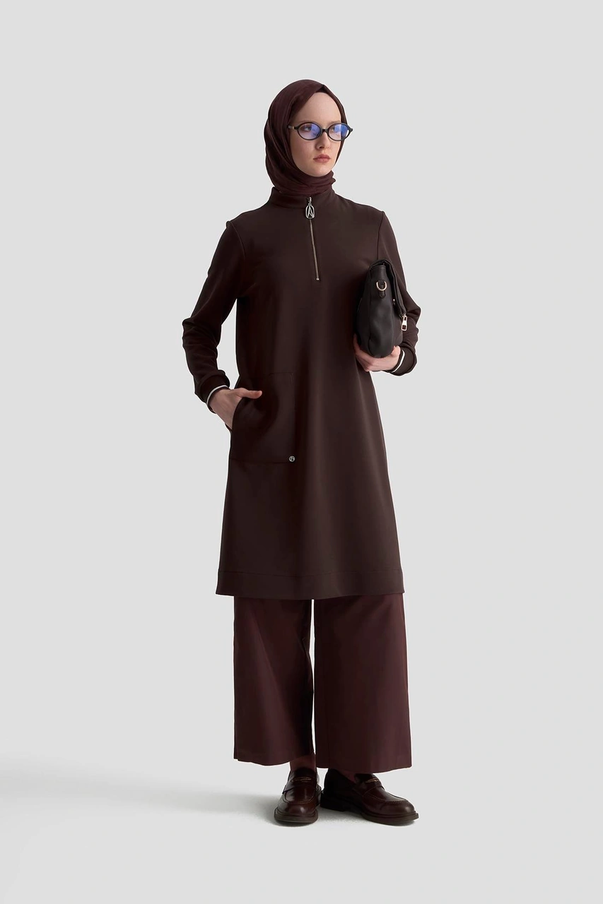 Armine Trend Kolları Ribanalı Yarım Fermuarlı Tunik Kahverengi 25kt443 Kahverengi