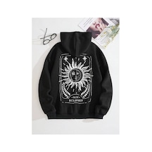 Tarzsokak Sun & Moon Print Zip Up Drawstring Lined Hoodie Siyah