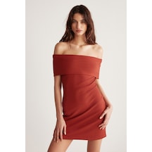 Grımelange Julene Kadın Esnek Fitilli Kumaşlı Bardot Yaka Bodycon Vücüdu Saran Midi Kiremit Rengi Elbise