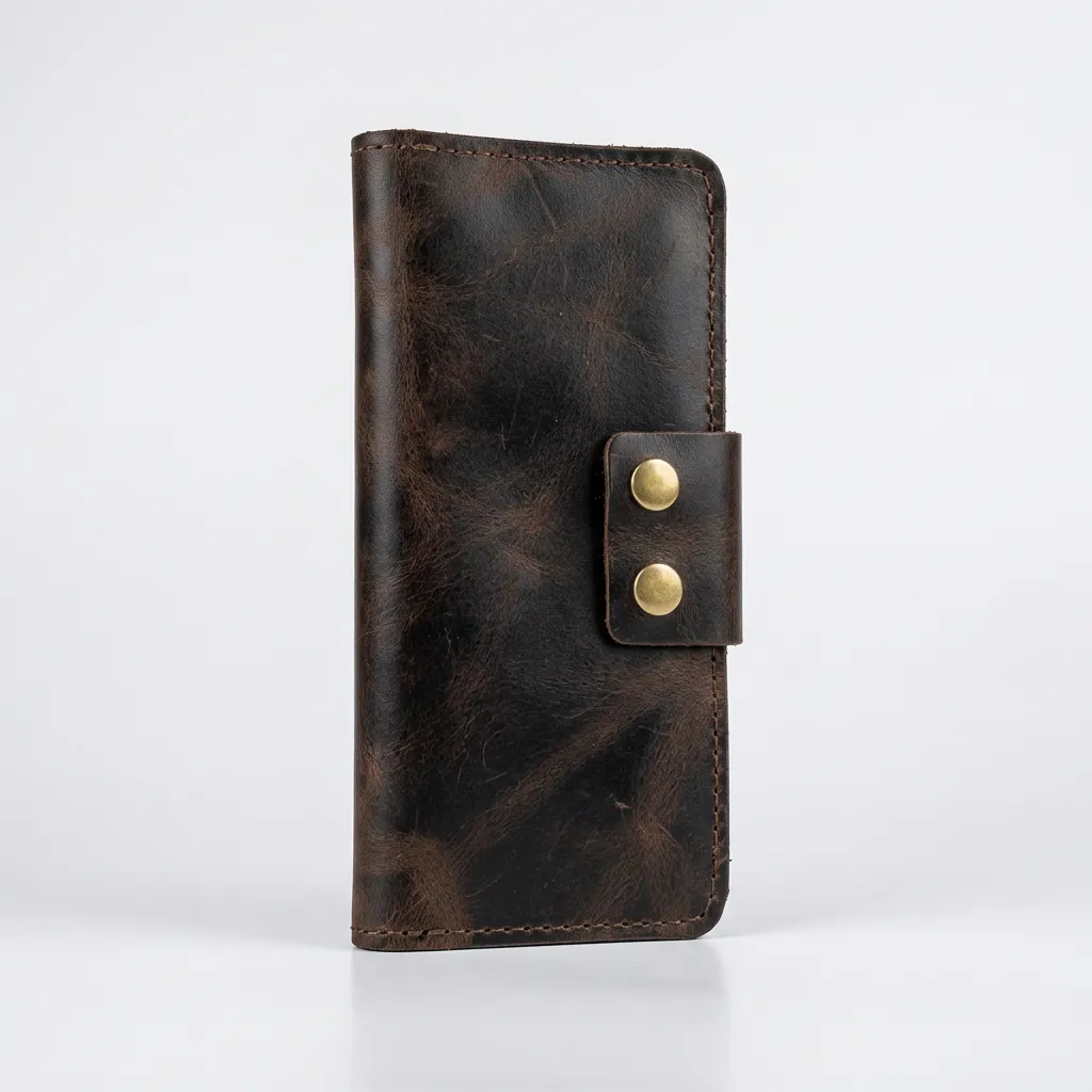 Natderi %100 Hakiki Deri Çıtçıtlı El Portföyü Cüzdan Telefon Bölmeli Cüzdan - 9x19 Cm Taba & Acı Kahve Acı Kahverengi