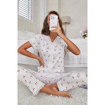 Merry See Özel Örme Kumaş Güpür Dantelli Kiraz Baskılı Kısa Kollu Pijama Takımı Beyaz