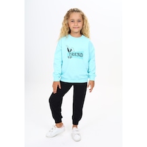 Toontoy Kids Toontoy Kız Çocuk 2'li Takım Baskılı Bisiklet Yaka Sweatshirt & Beli Paçası Lastikli Jogger Eşofman Altı 2 İplik Mint Yeşili