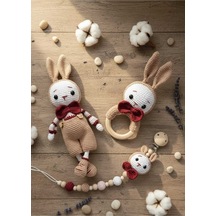 Amigurumi Yenidoğan Tulumlu Elemeği Tavşan Set, Uyku Arkadaşı, Çıngırak Ve Emzik Zinciri