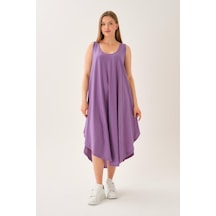 Asimetrik Kesim Çizgili Kolsuz Elbise Mor