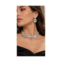 Accessories Gümüş Renk Baget Taşlı Choker Kolye Ve Sallantılı Küpe Takı Seti Gümüş - 940133445 Gümüş