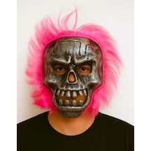 Wild Skull - Gümüş Kafatası Pembe Saçlı İskelet Maske Standart