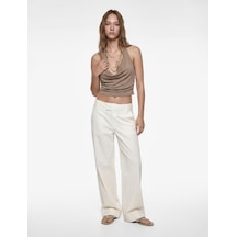 Koton Kolsuz Degaje Yaka Slim Fit Crop Bluz Bej 6sal30005ık Ekru