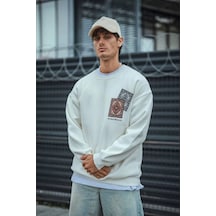 Barlashive Erkek 3 İplik Pamuklu Bisiklet Yaka Baskılı Sweatshirt - Beyaz Çok Renkli