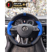 Skoda Rapid Dikme Direksiyon Kılıfı Delikli Deri Parlak Siyah Mavi Detay Çift Yüzük Ve Dikiş 2015-2019